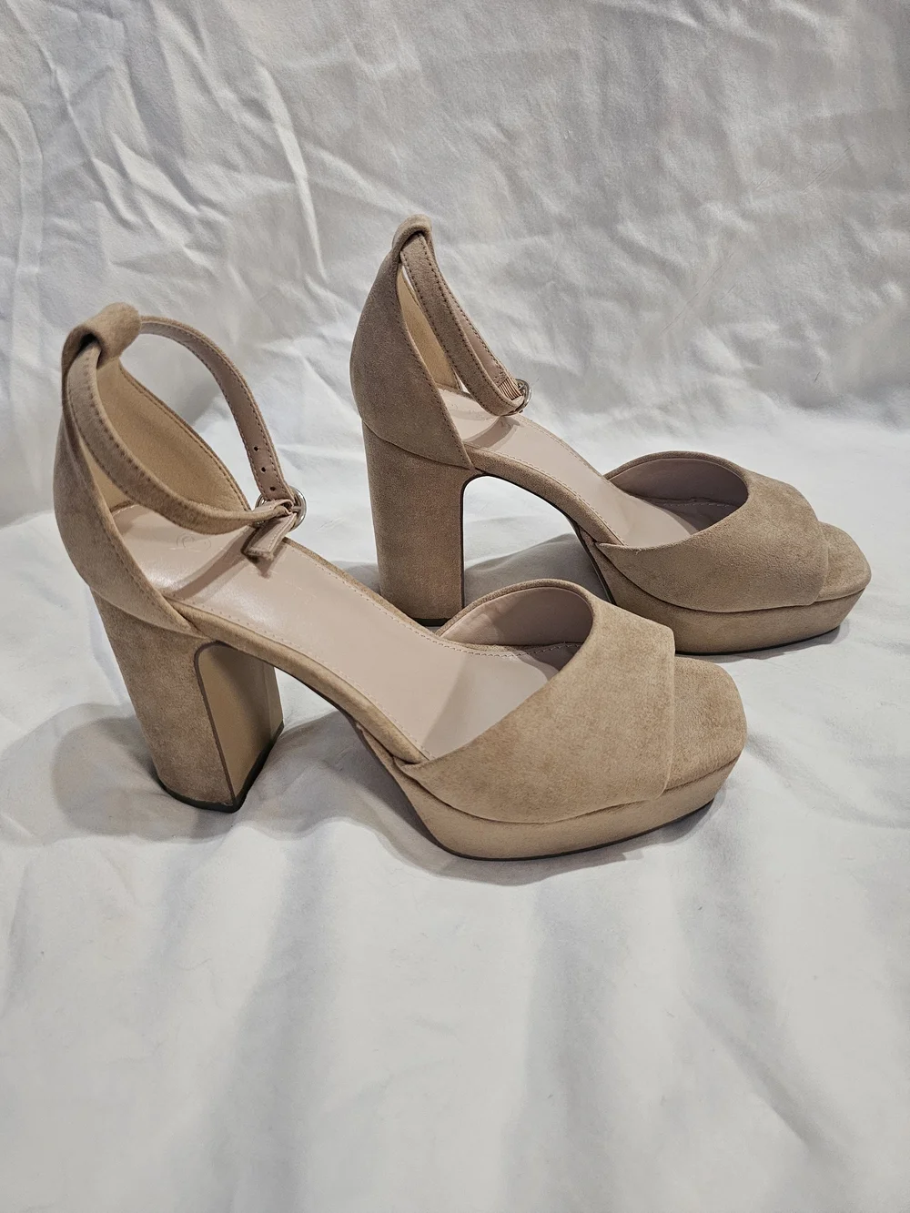 Platform Ankle-Strap Block Heel Sandal in Tan Suede